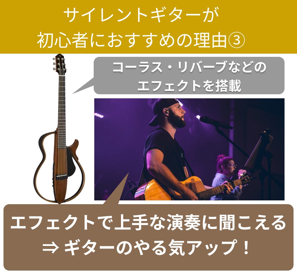 サイレントギターはエフェクトで上手な演奏に聞こえる