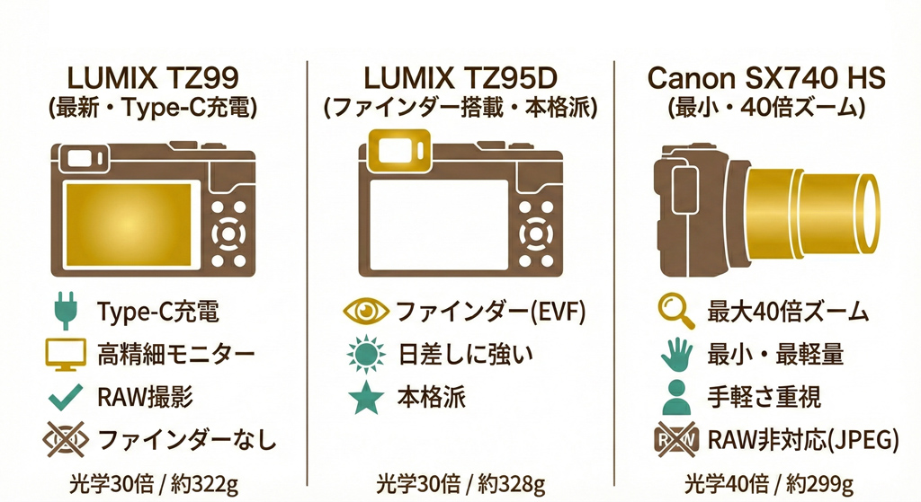 LUMIX DC-TZ99・ DC-TZ95D・X740 HSを比較
